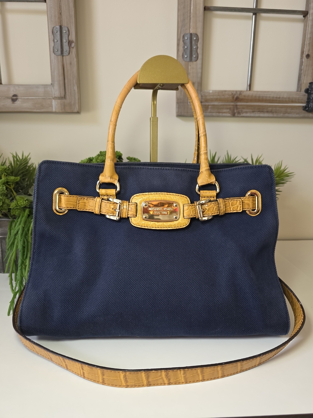 Michael Kors Hamilton East/West Large Tote Navy Canvas Leather Trim Crossbody